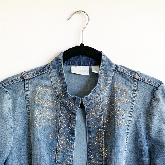 Chico’s Golden Paisley Studded Denim Jacket Ombre Medium - Picture 5 of 10